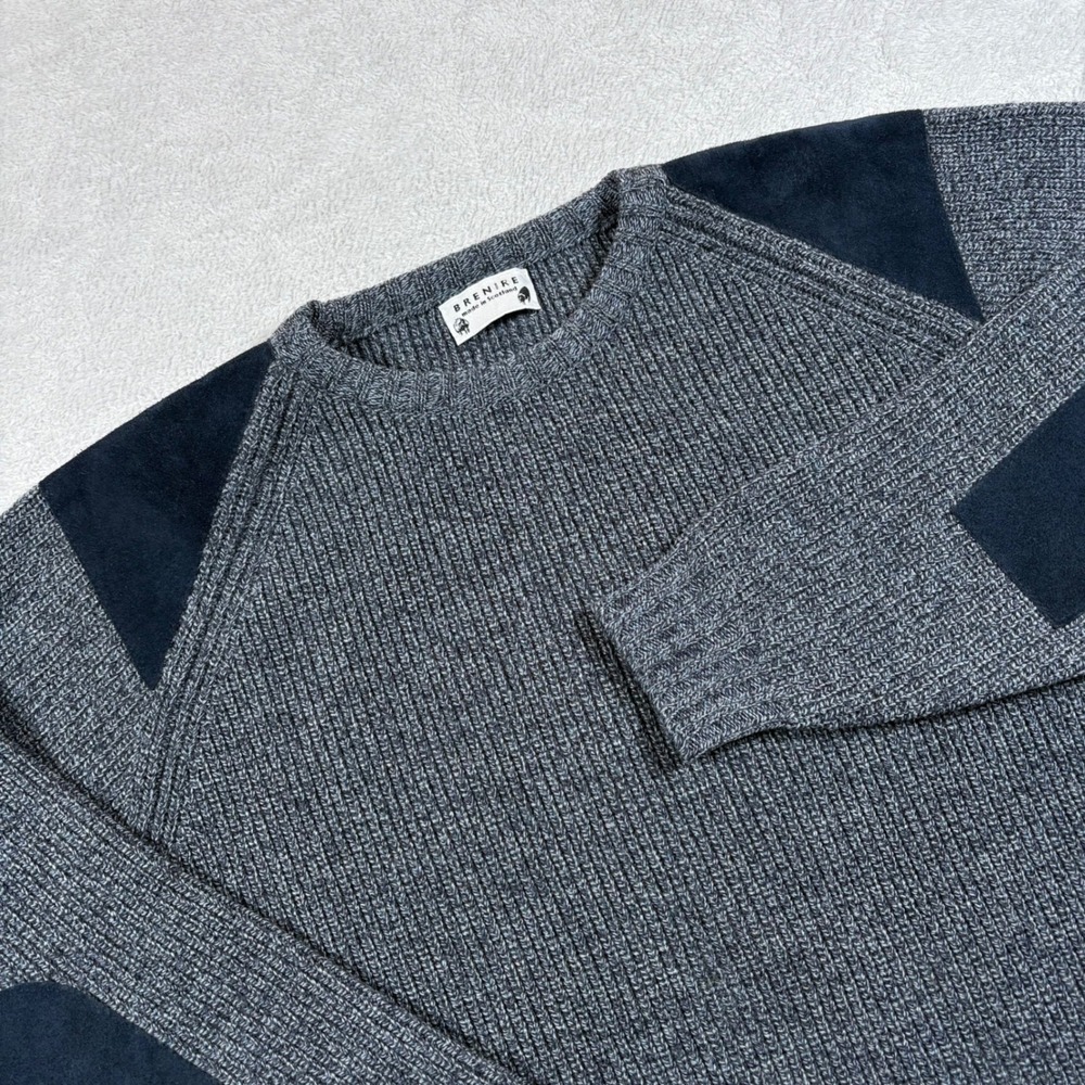 Vintage Brenire Scotland Men XL Merino Wool Ribbed Sweater Grey Blue Patch Elbow